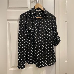 Black polka dot collared button up in silky fabric- size 6
